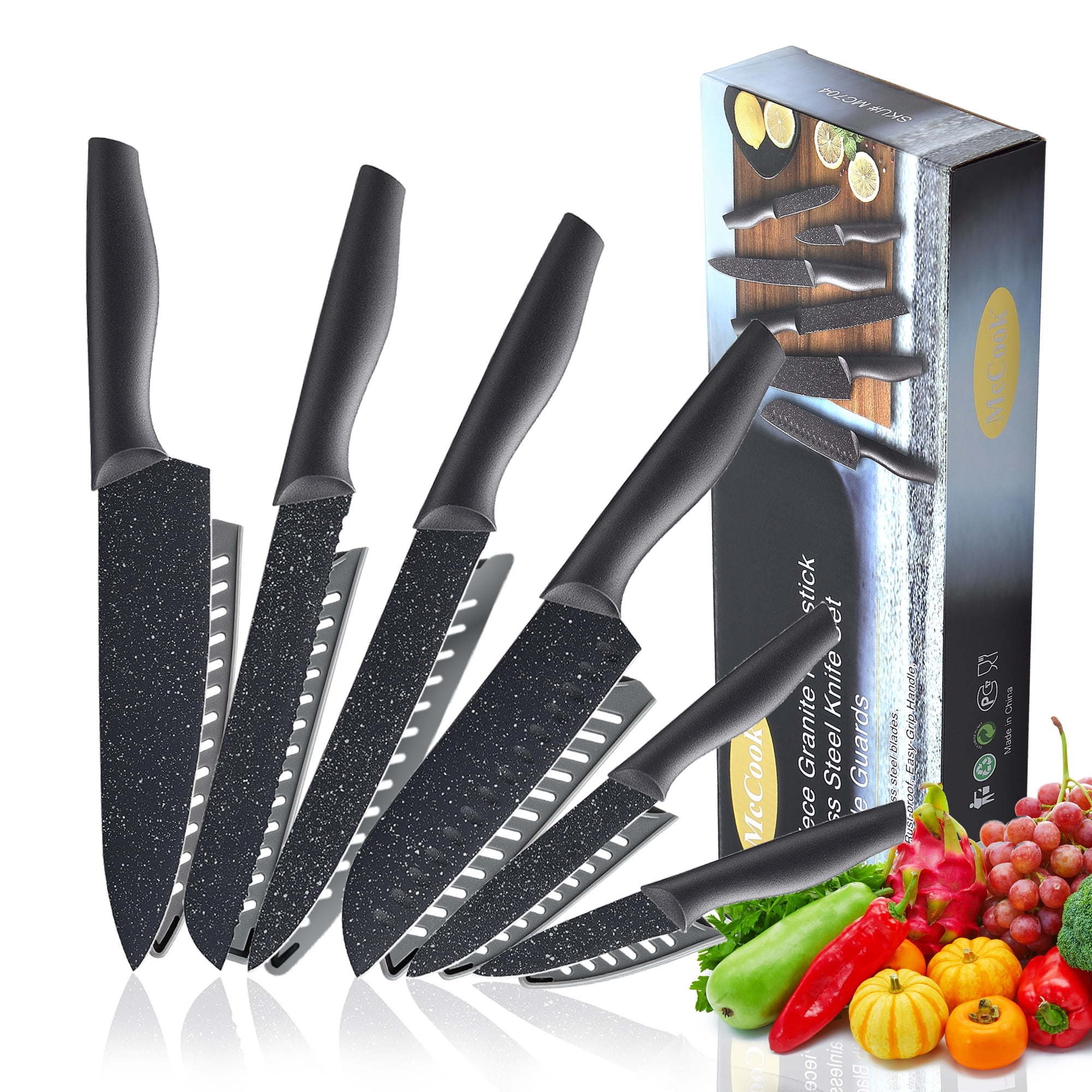 Knife Set, McCook 12-Piece Granite Kitchen Knife Set, High Carbon German Stainless Steel Knives Set with Blade Guards, Non-stick Coating, Ultra Sharp Knife Set, McCook 12-Piece Granite Kitchen Knife Set, High Carbon German Stainless Steel Knives Set with Blade Guards, Non-stick Coating, Ultra Sharp
