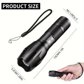 High Power LED Tactical Flashlight 5-Mode Light Zoom Waterproof Portable Torch For Camping Hiking Outdoor Hunting Aluminum Alloy Bright Tactical Flash (Color: Black)