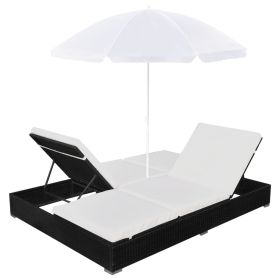 vidaXL Patio Lounge Bed with Umbrella Poly Rattan Black (Option: as picture)